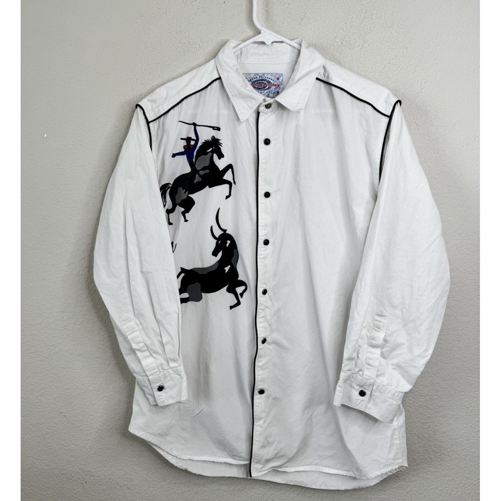 American Laundry Western Shirt Cowboy Rodeo Graphic White Button Up Sz L Cowboy